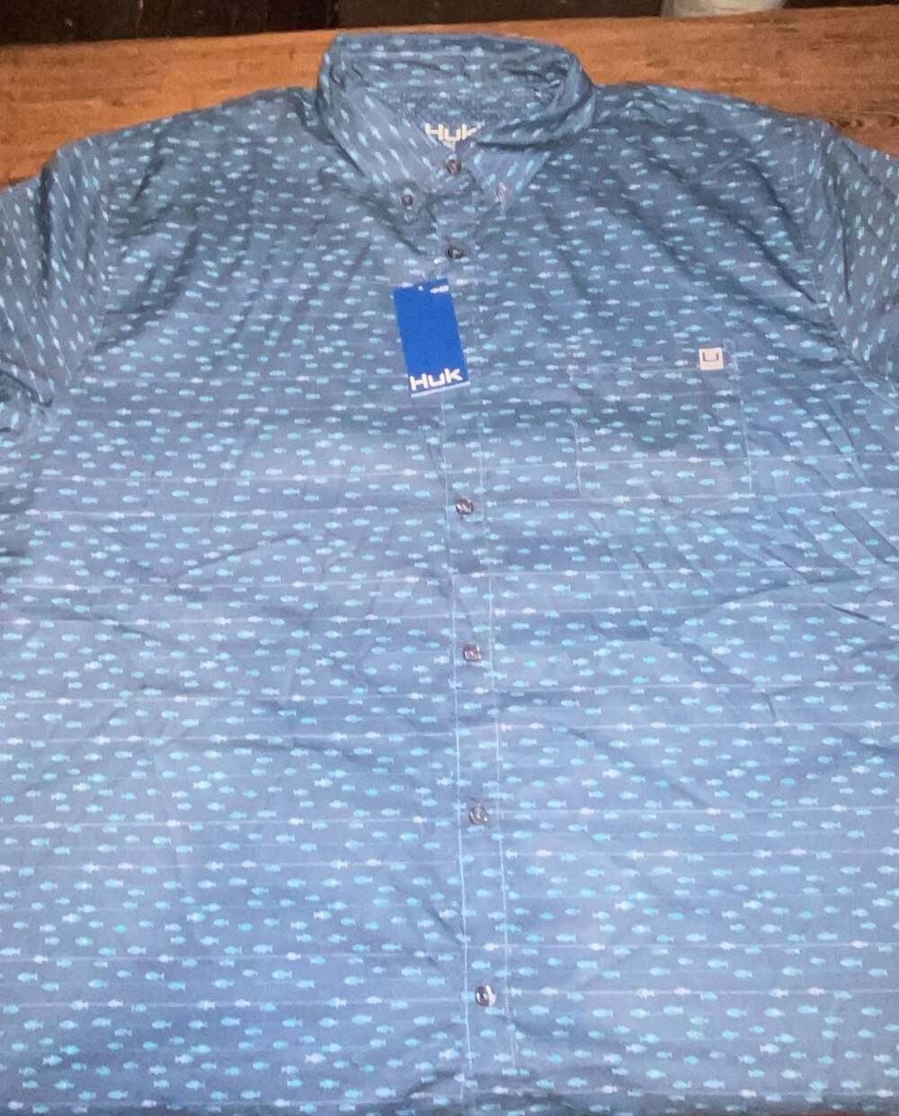 Huk Fishing Short Sleeve Button Up Shirt Blue Fish Print